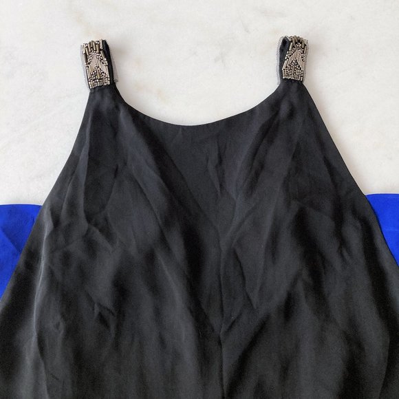 NWT BCBGMaxAzria Essex dress, black & blue, beaded straps, draped back, relaxed - Picture 3 of 7